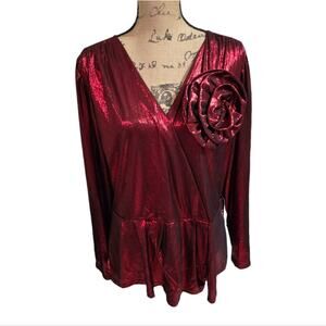 Alice Blue Scarlet Metallic 3D Flower Surplice Peplum Babydoll Shirt Plus Sz 2X‎